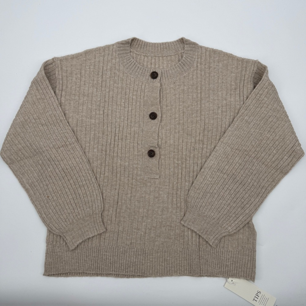 Saodimallsu Henley Sweater Ribbed Oversized Modern Women Small Light Khaki Tan